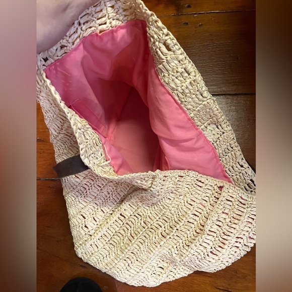 Quicksilver straw light tan shoulder bag EUC pink lining tote leather straps - Picture 6 of 9